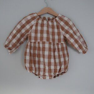 Rylee + Cru one piece, plaid long sleeve onesie, tan and white, 18-24M